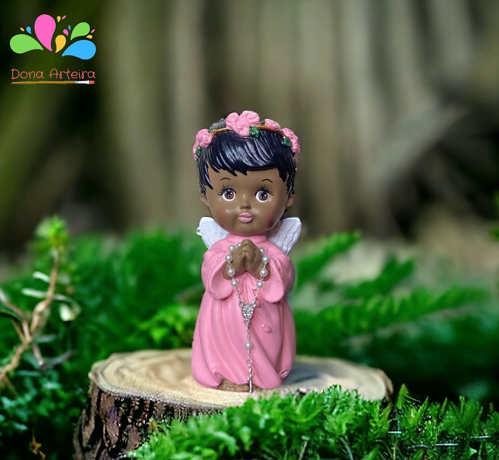 Anjo Da Guarda Infantil 18 Cm Manto Rosa E Cabelo Preto DONA ARTEIRA